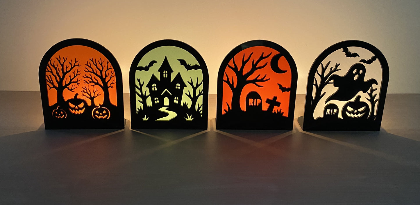 Set of glowing acrylic Halloween decorations for tabletop, mantel, or window display