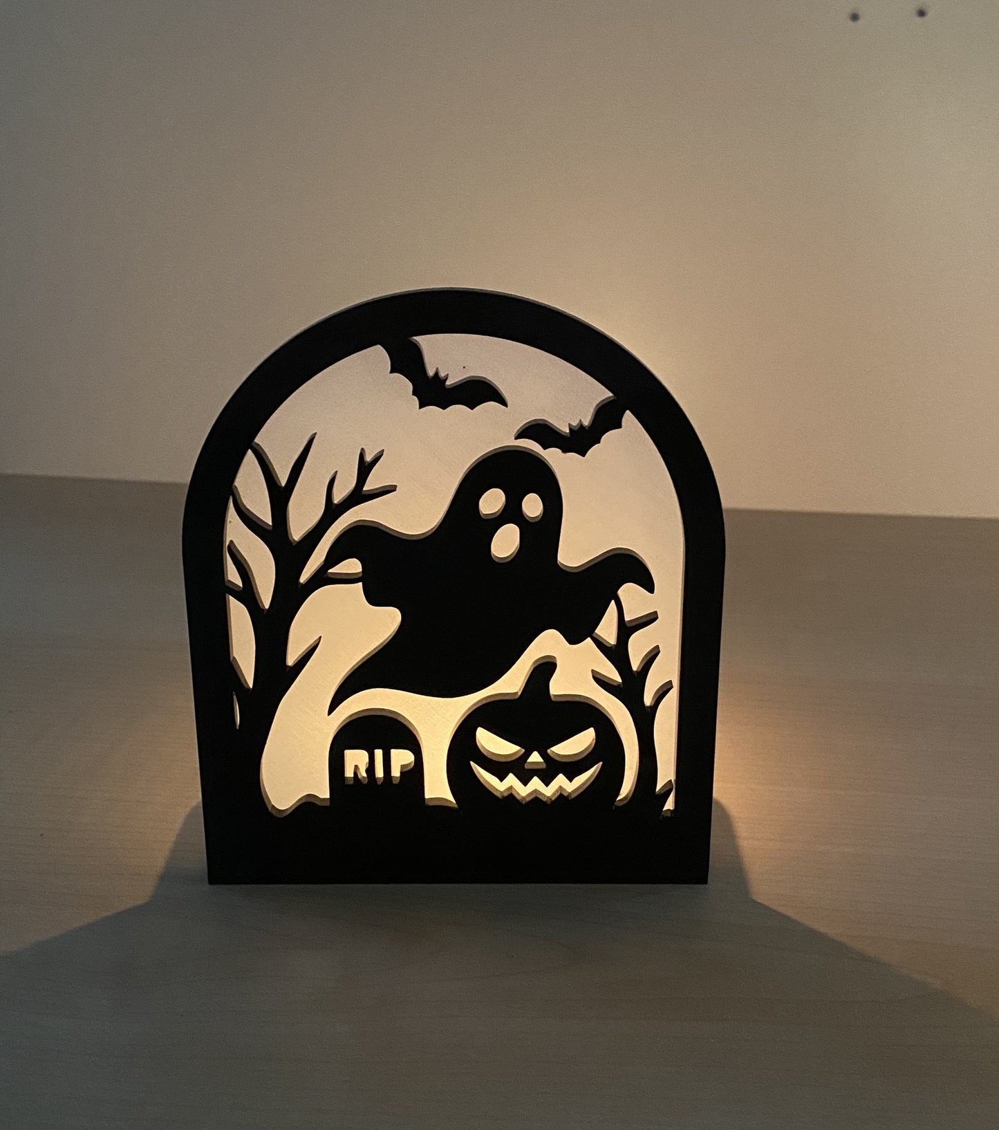 Ghost and pumpkin acrylic Halloween silhouette with LED candle lighting