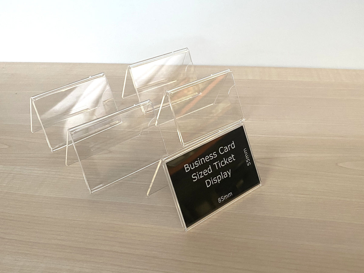 Pack of 5 clear acrylic business card and ticket display stands made from 2mm bent acrylic