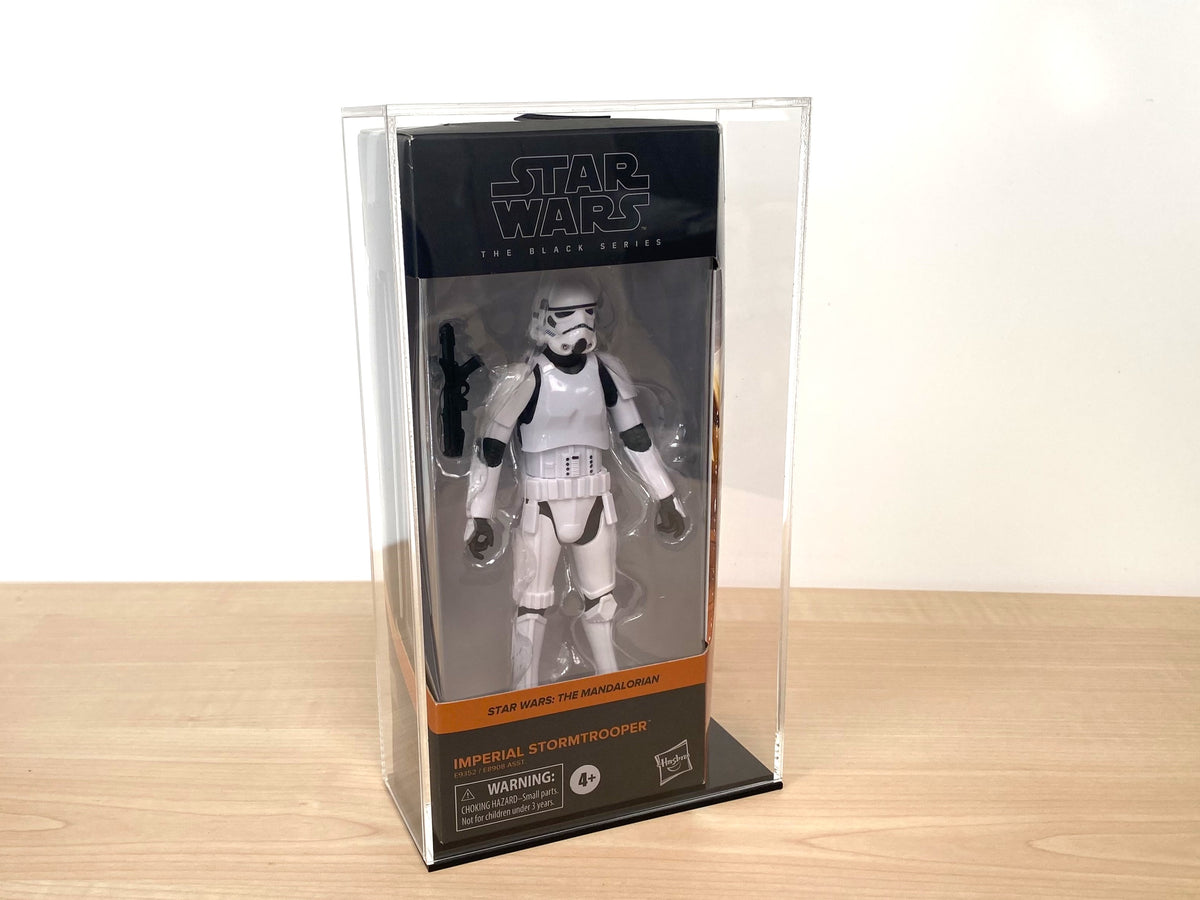 Clear acrylic display case for boxed Star Wars Black Series action figure