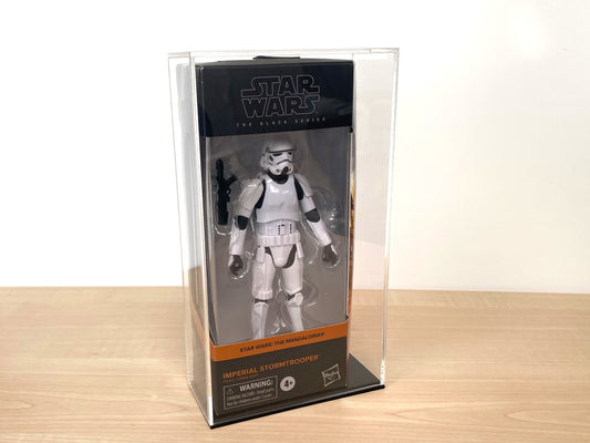 Clear acrylic display case for boxed Star Wars Black Series action figure
