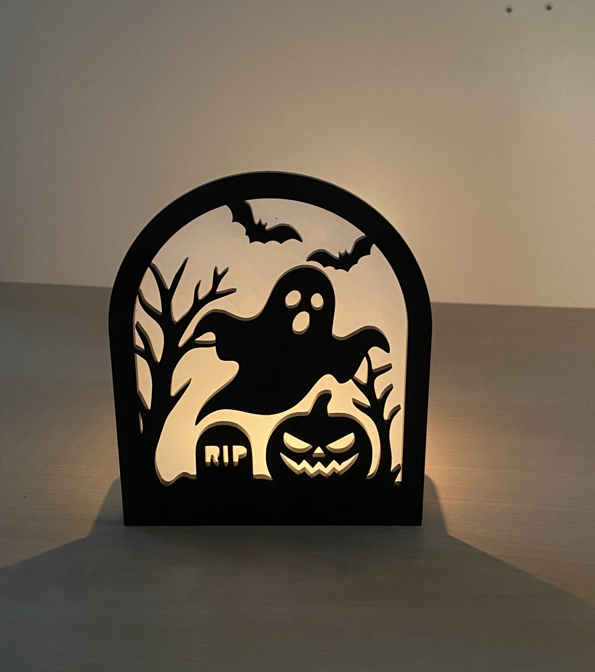 Ghost and pumpkin acrylic Halloween silhouette with LED candle lighting