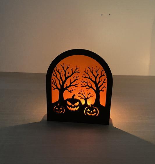 Pumpkin patch acrylic Halloween decoration with jack-o’-lanterns and trees